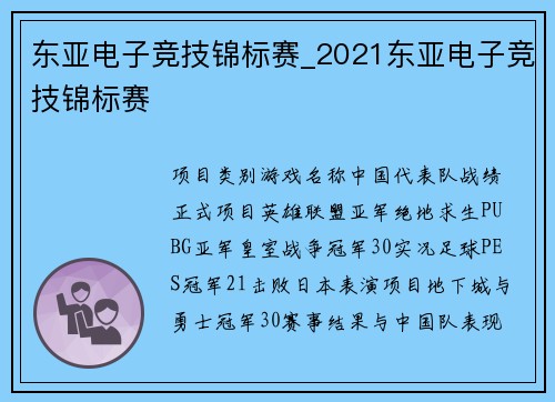 东亚电子竞技锦标赛_2021东亚电子竞技锦标赛
