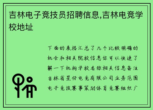 吉林电子竞技员招聘信息,吉林电竞学校地址